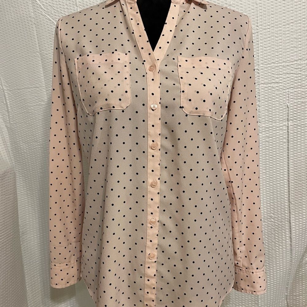 Talbots pink with black Polkadots button down blouse size small